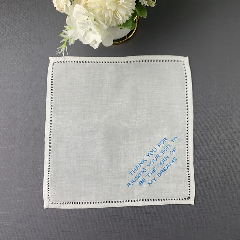 Conjunto de 12 moda lenço de casamento personalizado 10x10-inch linho hemstitch hankie para qualquer cerimônia de casamento ou evento especial