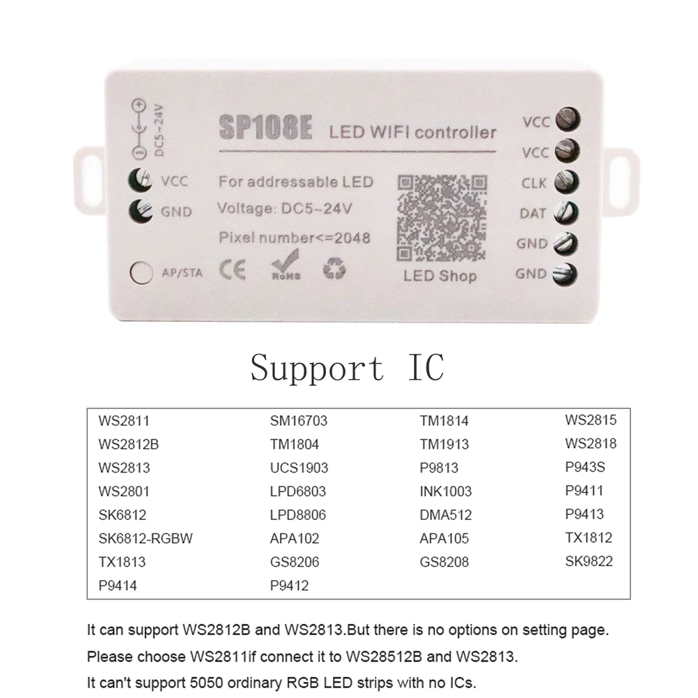 SP108E LED Strip WIFI Controller WS2811 WS2812B WS2813 WS2815 SK6812 Etc LED Module Light Smart APP Wireless Control DC5-24V