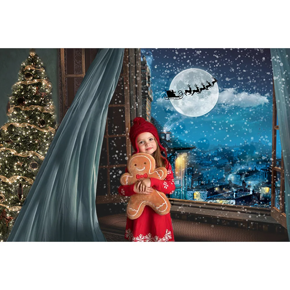 หน้าต่างคริสต์มาสครอบครัวภาพพื้นหลังหมู่บ้านฤดูหนาวDreamy Starry Sky Christmas Treesฉากหลังถ่ายภาพ