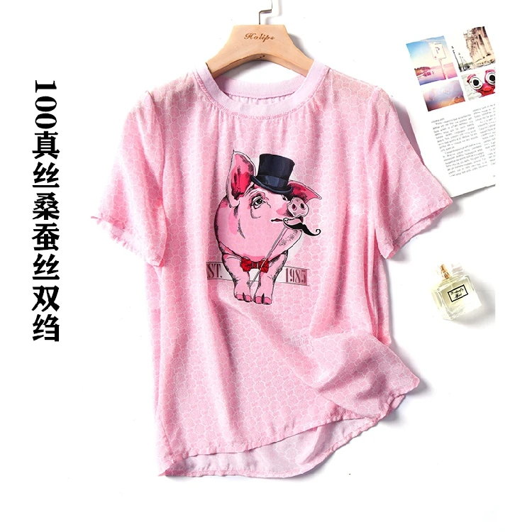 Summer new arrive girl 100% silk short-sleeved shirt round neck silk T shirt young lady cause wear