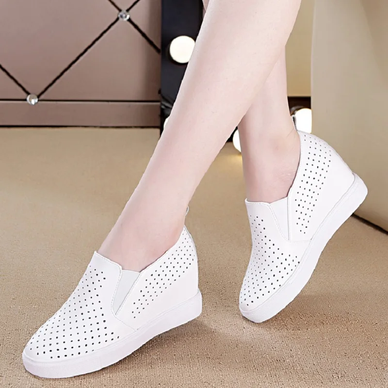 WDZKN Spring Summer Breathable Genuine Leather Women Shoes Slip On High Heels Round Toe Height Increasing Women Casual Shoes