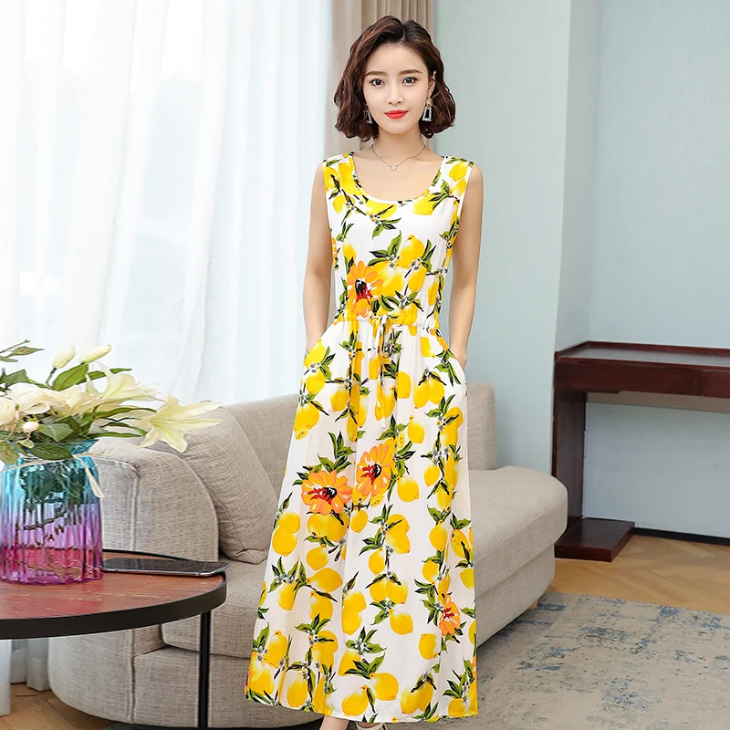 Women Clothes summer Printed Bohemian Beach Sundress O Neck Sleeveless Long Maxi Dress Casual Style Vestidos Mujer