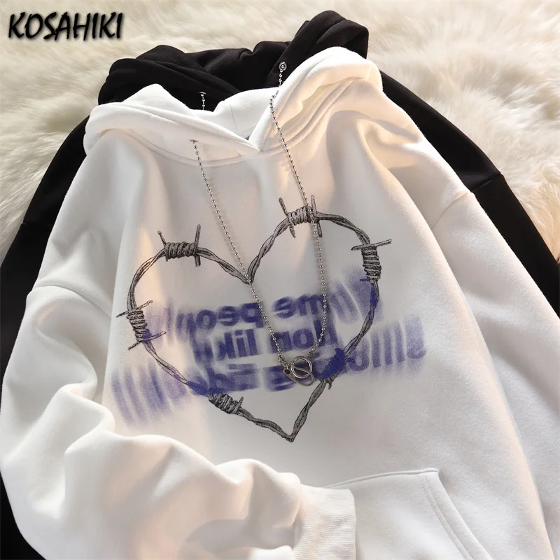 KOSAHIKI 2024 New Casual Heart Letter Print Chain Hooded Harajuku Thick Hoodie Sweatshirt Hip Hop Streetwear  Pullover