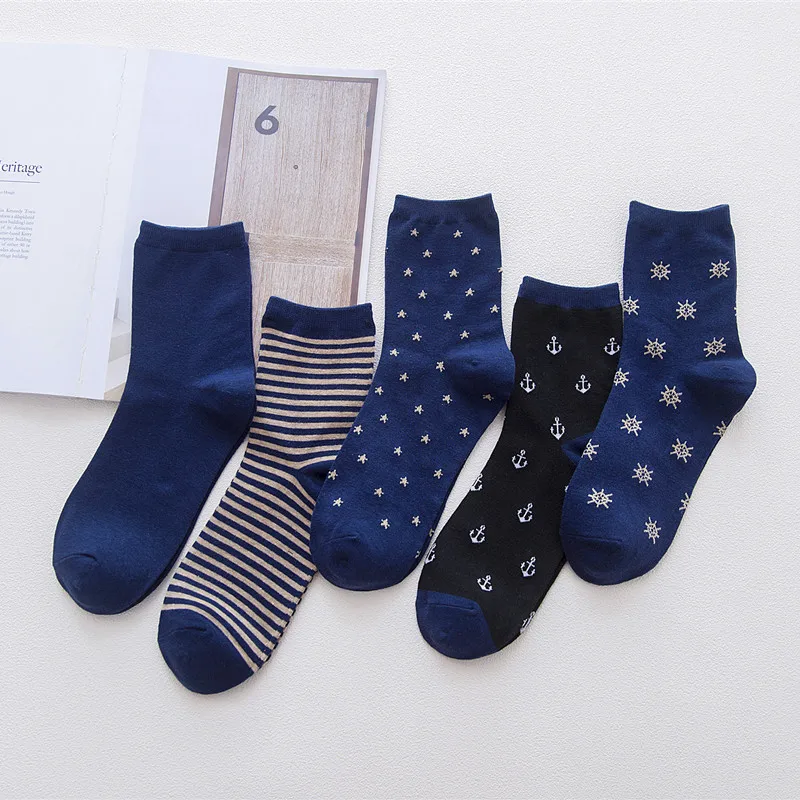 3 Pairs Men Navy Socks Business Socks Stripe Anchor Star Snow Male Autumn Winter Crew Socks Comfortable Cotton Casual Socks