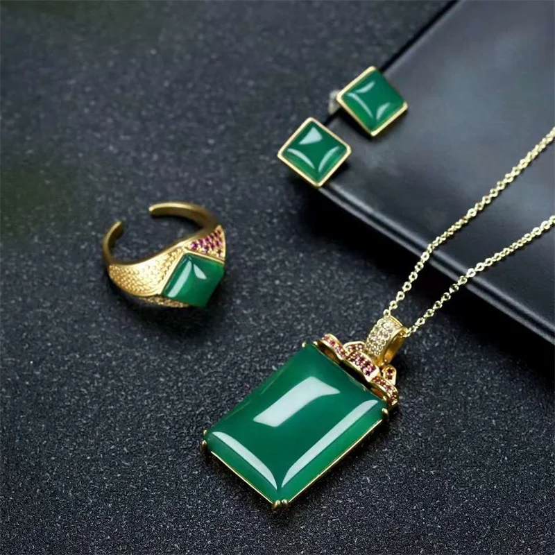 Hot Selling Natural Hand-carved Inlaid Ancient Method  Jade Necklace Ring Earrings Suit Fashion Jewelry Accessories Women Gifts