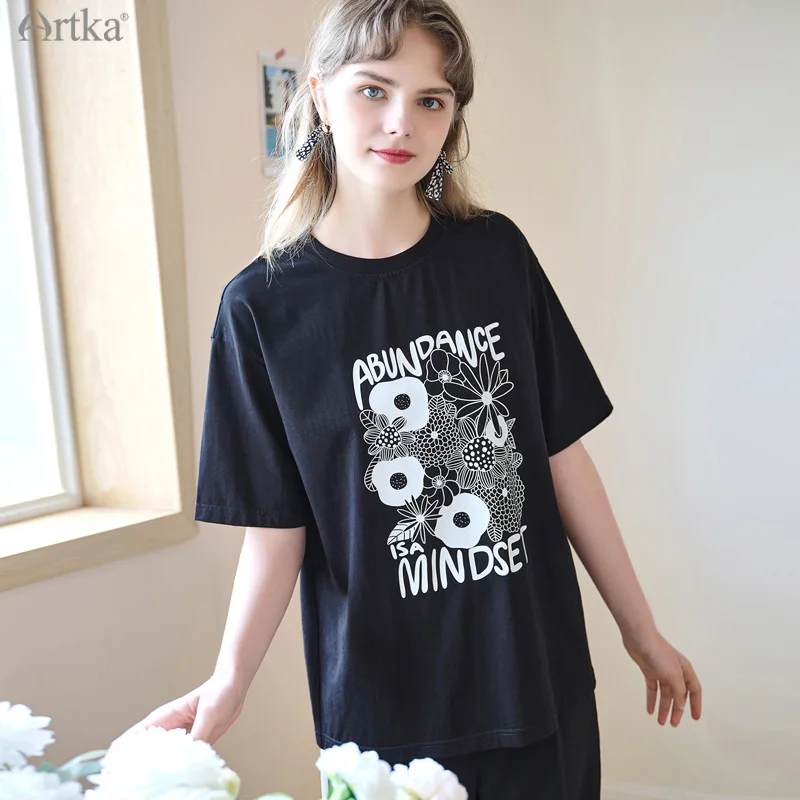 

ARTKA 2021 Summer New Women T-shirt 100% Cotton Fashion Print Casual T-shirts O-Neck Short Sleeve Loose White T-shirts TA20017C