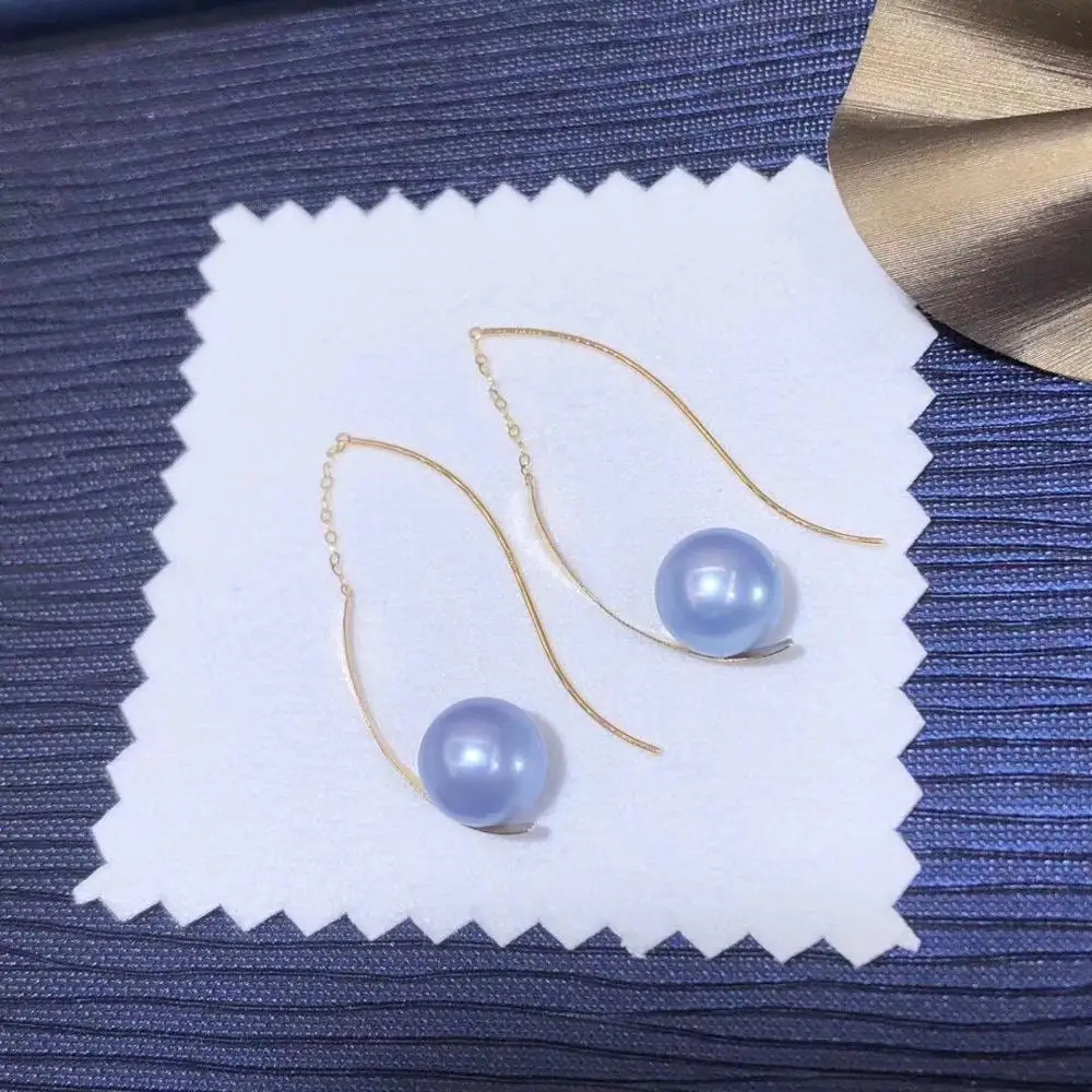 Solid 18K Gold Round 8mm Fresh Water Rose Blue Pearl Drop Dangle Earrings for Women Fine Birthday Presents