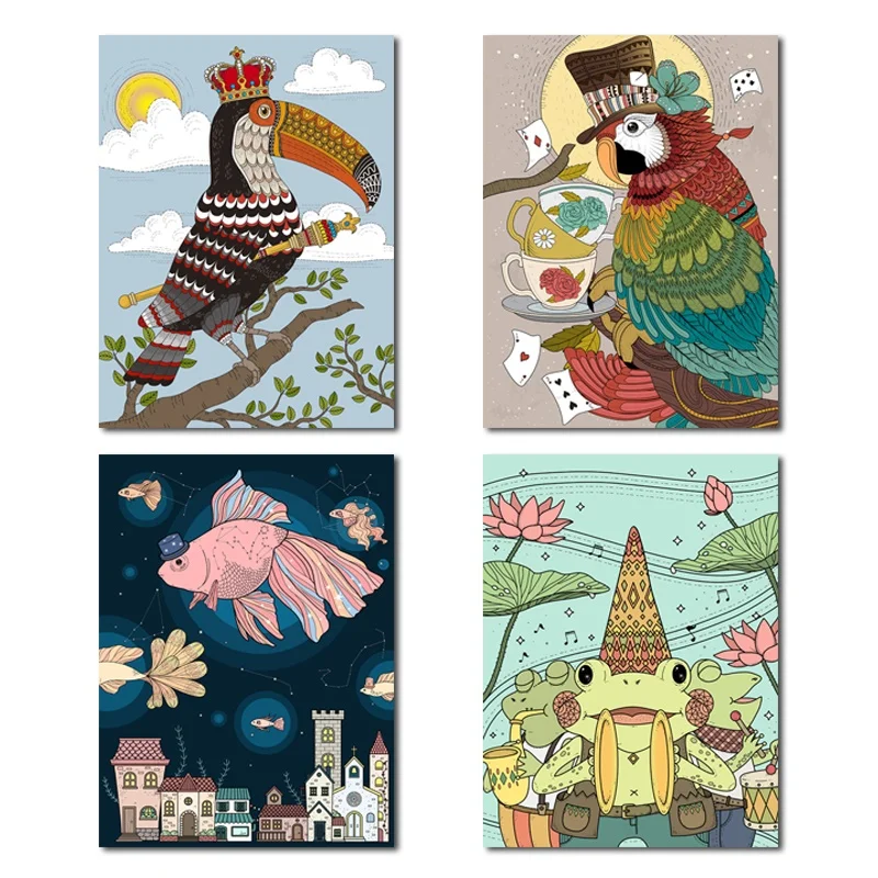 Creative Cartoon Animals Poster - Colored Anthropomorphic Parrot Goldfish Frog Fairy Tale Canvas Art for Kids Room Nursery Decor