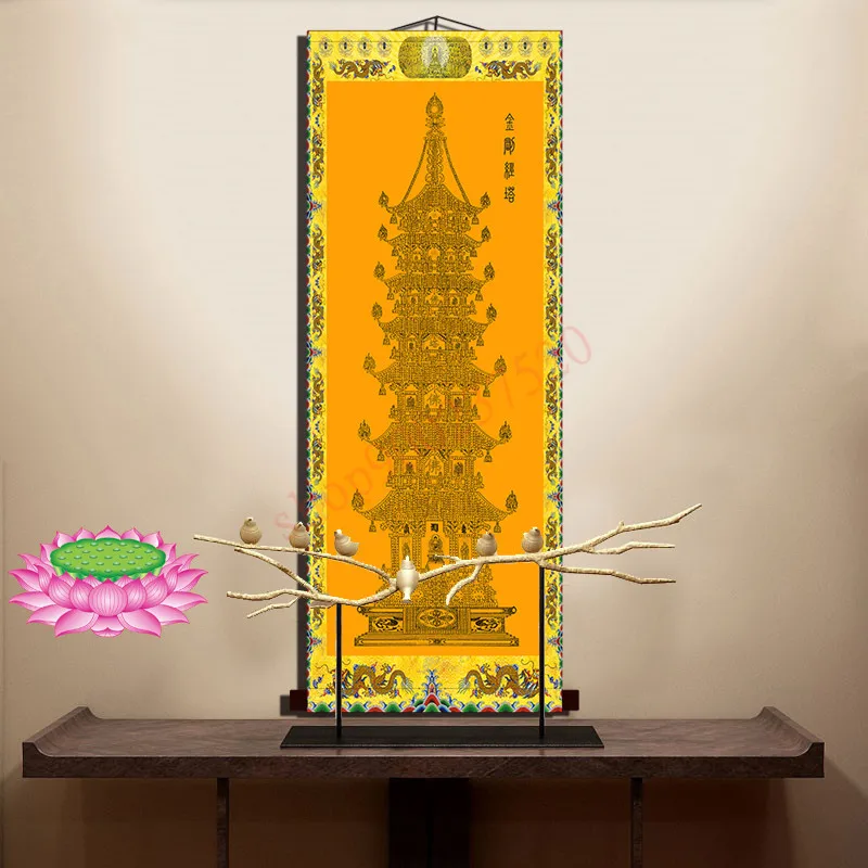 Vajra pagoda calligraphy and painting, scroll hanging painting Buddha Hall decoration silk painting, Prajna Paramita Heart Sutra