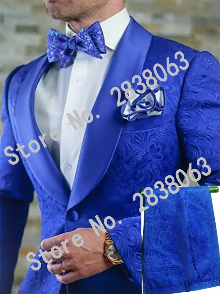 One Button Men Suits Royal Blue Pattern Groom Tuxedos Shawl Lapel Groomsmen Wedding Best Man 2 Pieces ( Jacket+Pants+Tie ) D86