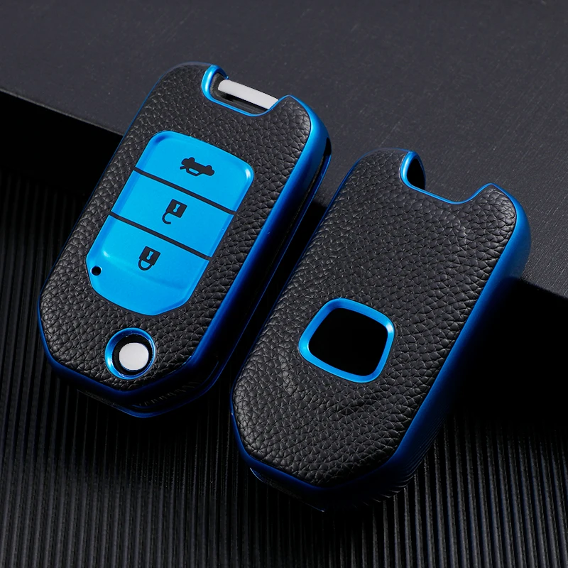 TPU Leather Car Flip Key Case Protective Cover Shell Keychain for Honda Civic CR-V HR-V Agreement Jade Crider Odyssey 2015-2018