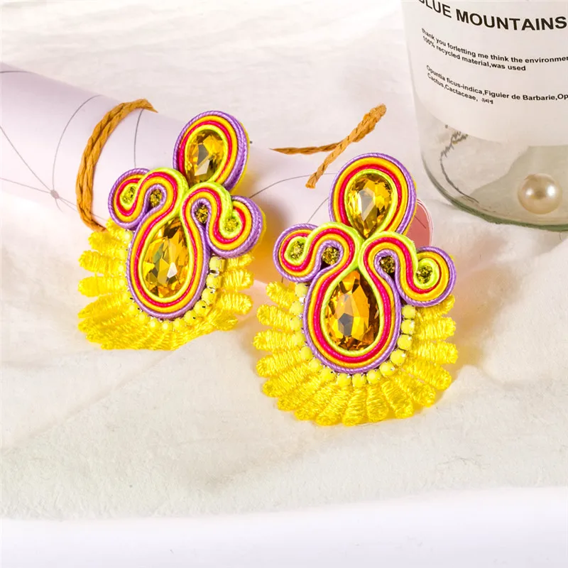 Soutache Lace earings piercing fashion jewelry Large earring for women Handmade weave Romantic boho Ethnic yellow green purple