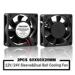 2 Pieces 60x60x20mm 6020 12V 24V Dual Ball 3D Printer Cooler Fan 60mmx20mm Brushless Machine Equipment DC Motor Cooling Fan