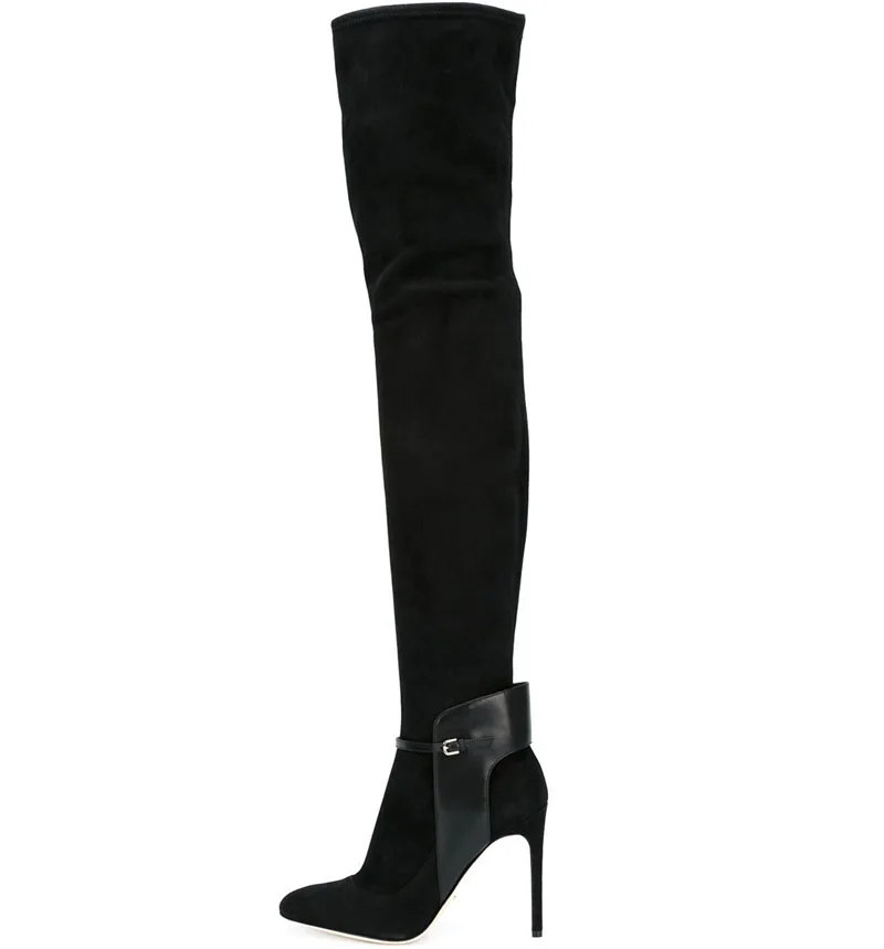 

Fashion Black Suede Ankle Belt Buckle Thin Heels Thigh Boots Pointed Toe Woman Banquet Patchwork Over the Knee Boots