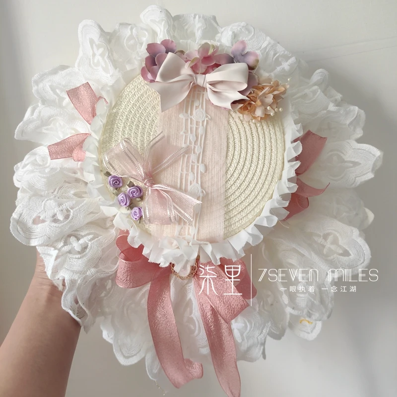 Bow Flower Straw Hat Sun Hat Lolita Handmade Hairware Hat