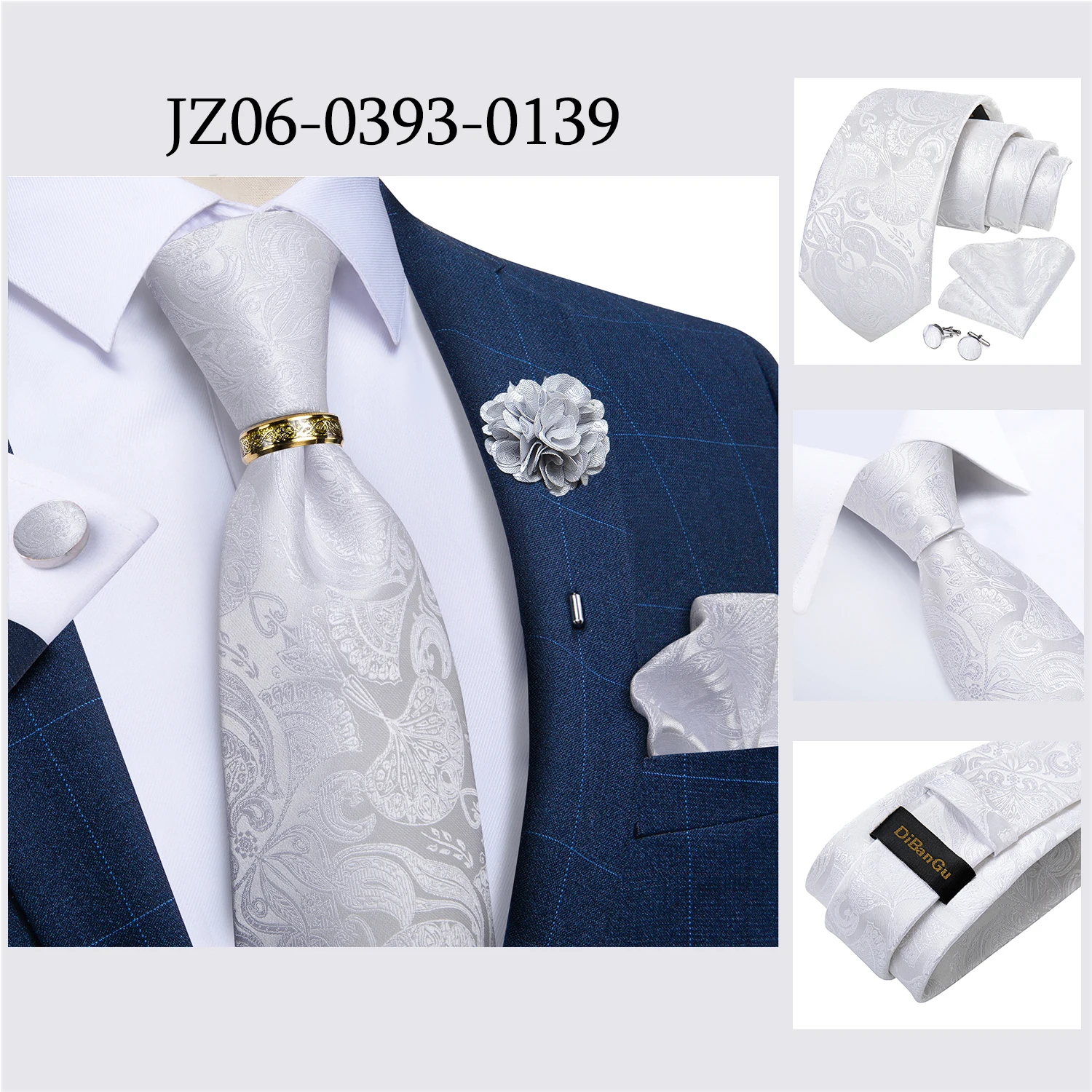 Handgefertigte Paisley-Blumen-Krawatte in Königsblau für Herren, klassische 8 cm breite gewebte Jacquard-Krawatte mit Einstecktuch, Manschettenknöpfen und Brosche – Detail 25