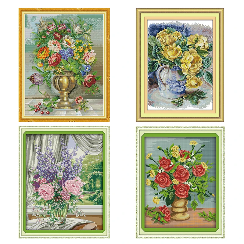 Vase Oil Painting Flowers Cross Stitch Kits Embroidery Needlework Patterns Stamped 11CT 14CT Printed Thread Counted Fabric Gifts