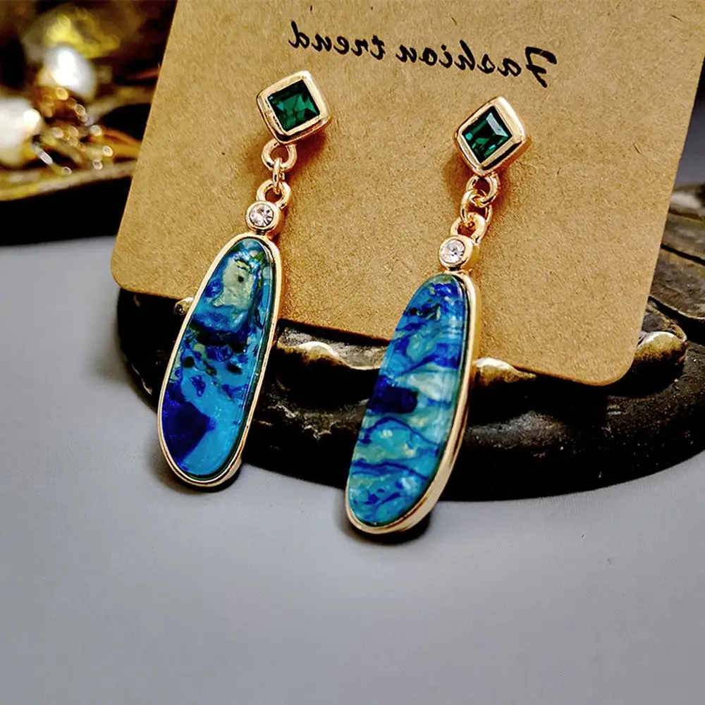 

Luxury Bohemian Style Ocean Stone Geometric Earrings Retro 18K Gold Plated Earrings for Fashion Female Wedding Jewelry