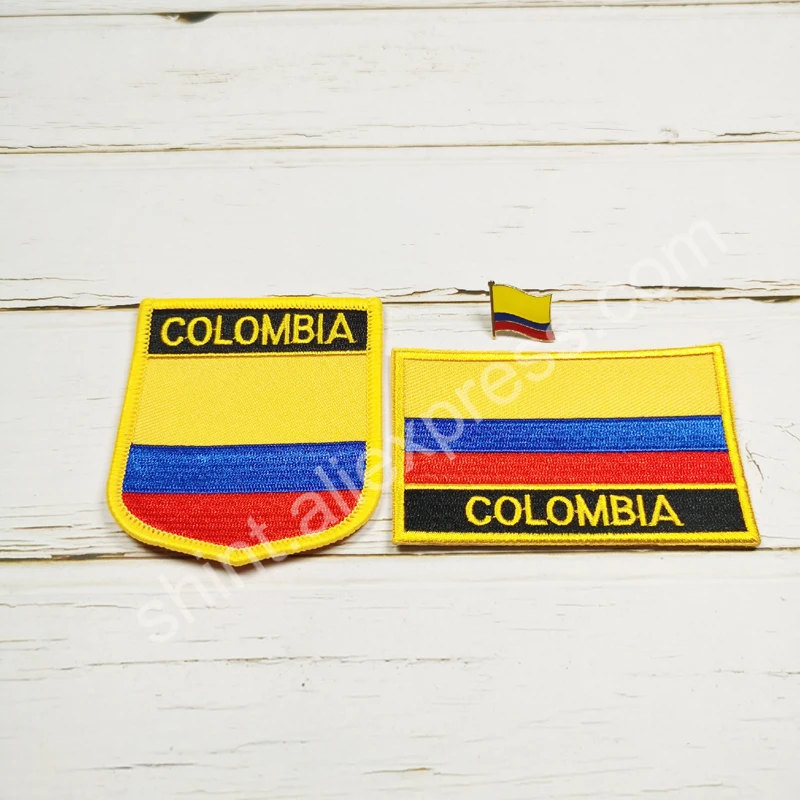 Parches bordados de bandera nacional de Colombia, insignia de escudo y Pin de forma cuadrada, un juego en la tela, brazalete, decoración de mochila