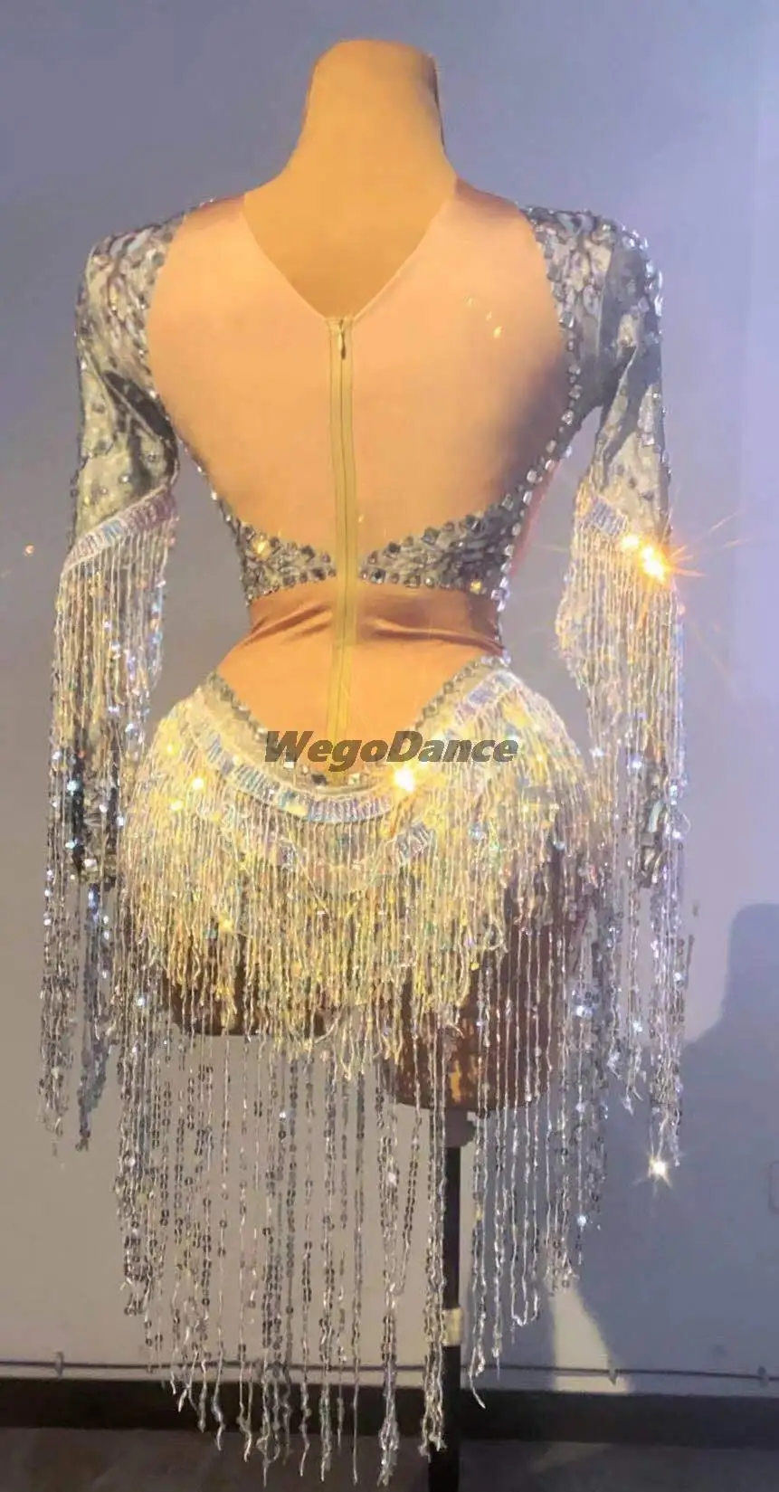 New Fashion Silver Rhinestone Sequin Tassel Party Bodysuit Women Crystal Fringes Jumpsuit Club Dancer Leotard Show Stage Outfit