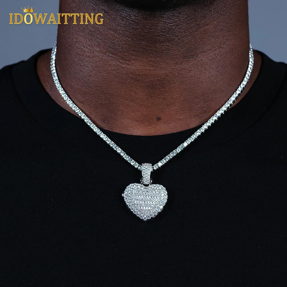 Iced Out Locket Love Heart Shaped Photo Pendant Necklace Can Be Opened Bing 5MM Tennis Chain Cubic Zirconia Hip Hop Mens Jewelry