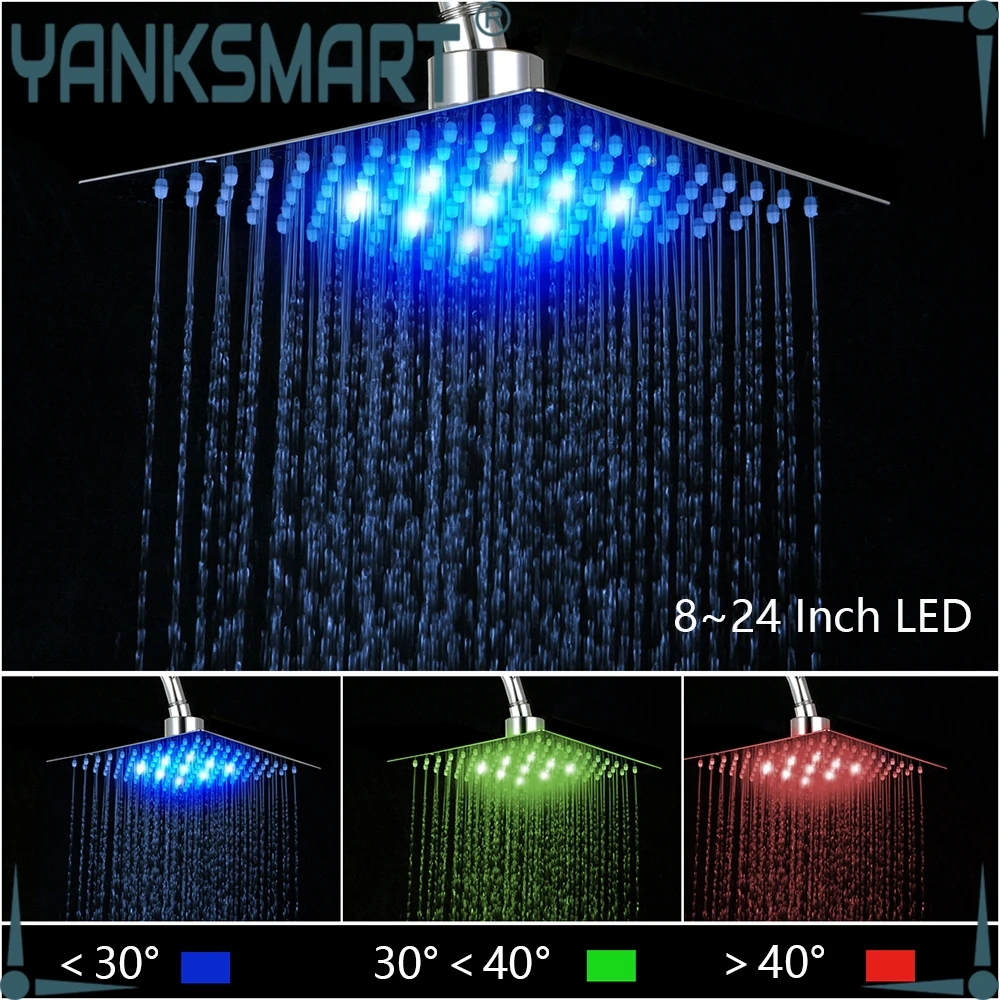 

YANKSMART Shower Head Luxury Chrome Brass LED Square Rain Shower Head Top Over Shower Sprayer For 8" 10" 12" 16" 20" 24"