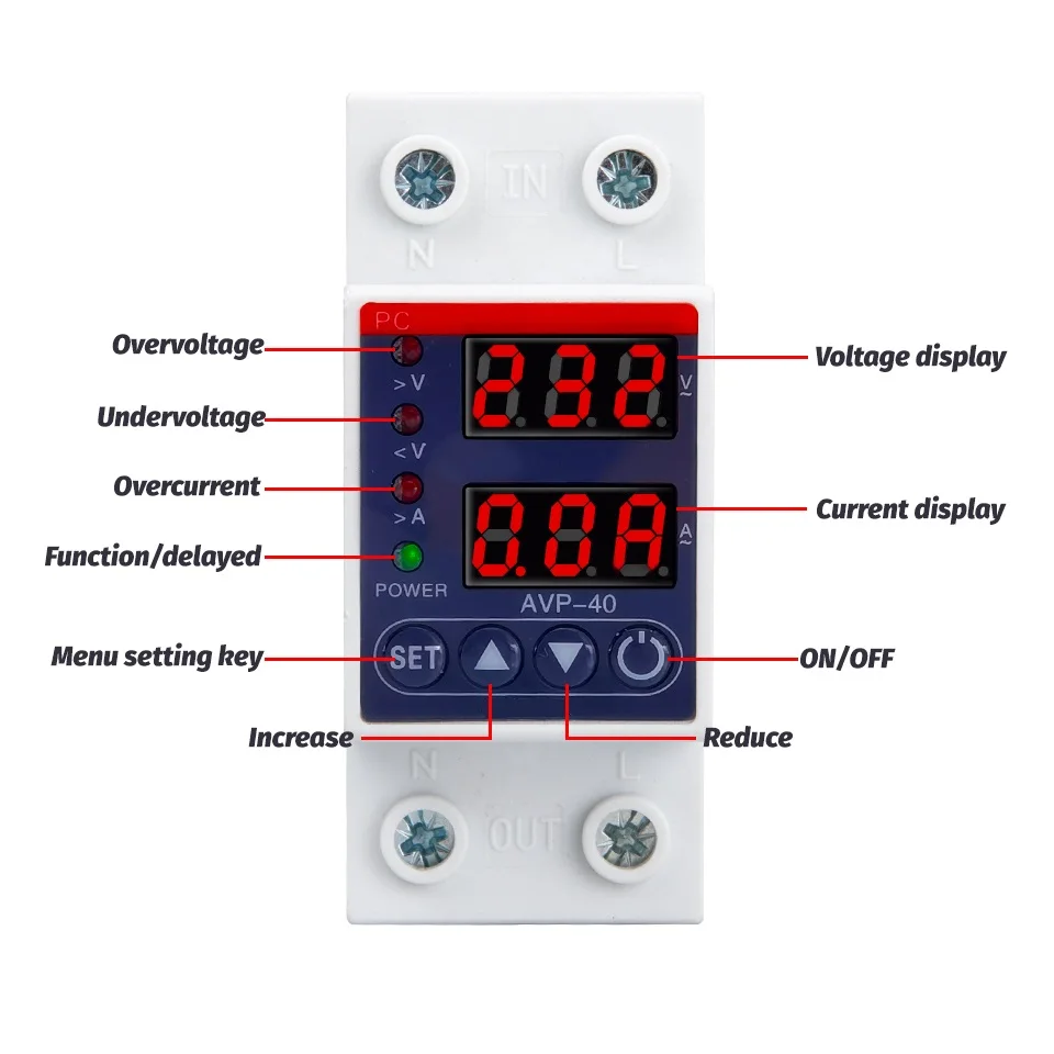 40A 63A 230V Din Rail Adjustable Over Voltage And Under Voltage Protective Device Protector Relay Over Current Protection Limit