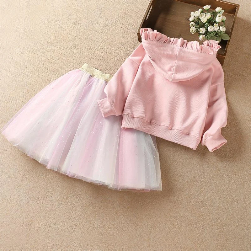 Cute Unicorn Long Sleeve Hoodie+Skirt 2Pcs Baby Girl Clothing Sets Christmas Party Rainbow Mesh Tutu Princess Girls Skirt Suits