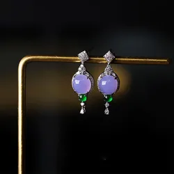 Designer original new silver inlaid ice purple chalcedony egg round earrings fashion all-match temperament ladies jewelry