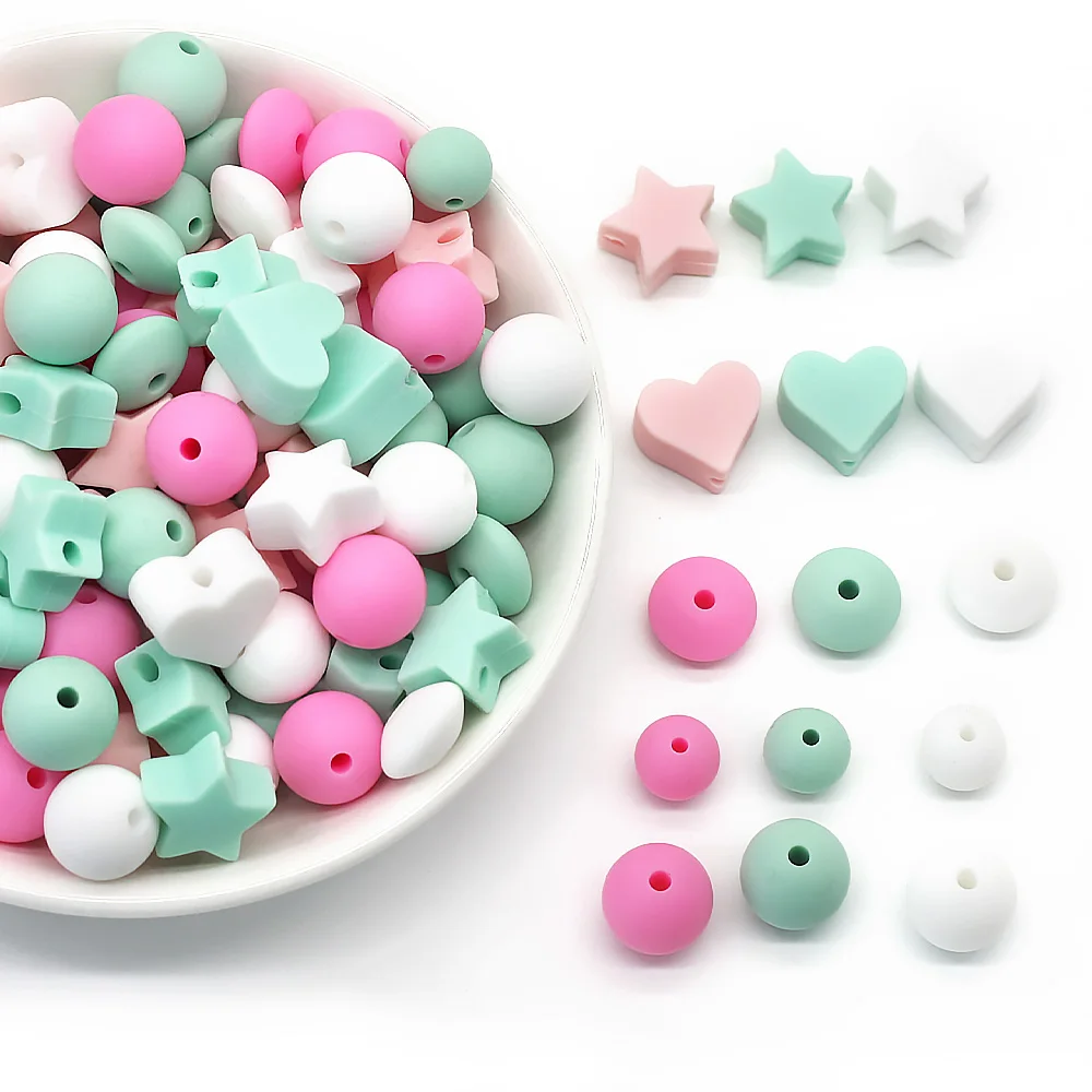 Cute-idea 50pcs Silicone Loose Beads Sets Star Heart Lentil Shaped Teething Beads Baby Pacifier Chain Toy Accessories BPA Free