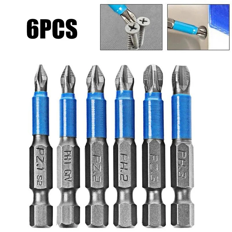 6pcs Anti Non-slip Screwdriver Bit Set S2 Alloy Steel Screwdriver Magnetic Electric Impact 50mm PH1/PH2/PH3/PZ1/PZ2/PZ3 Tool Set