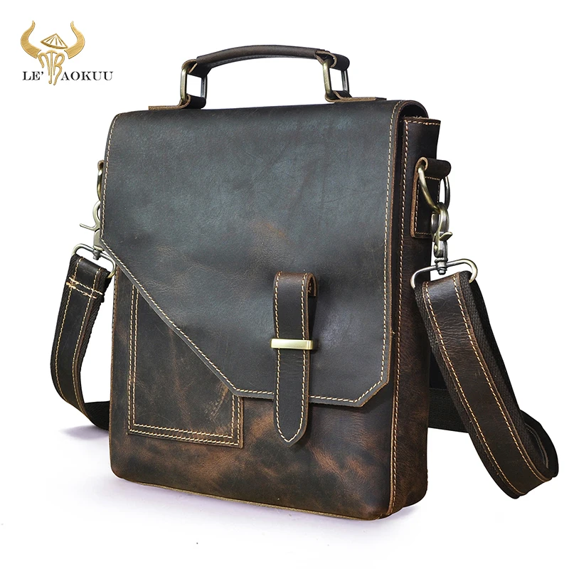 

New Crazy Horse Leather Male Vintage Tote Messenger bag Design Satchel Cross-body One Shoulder bag 10" Tablet Case For Men 2486