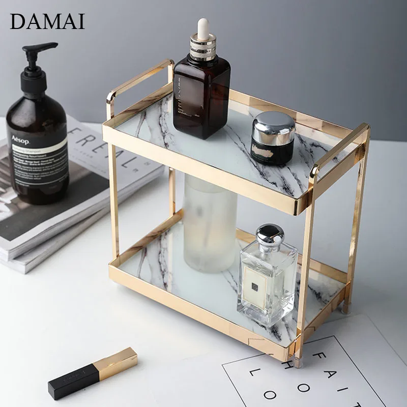 

Marble Texture Jewelry Display Shelf Nordic Modern Golden Stroke Double Layer Cosmetic Metal Mirror Storage Tray Home Decoration