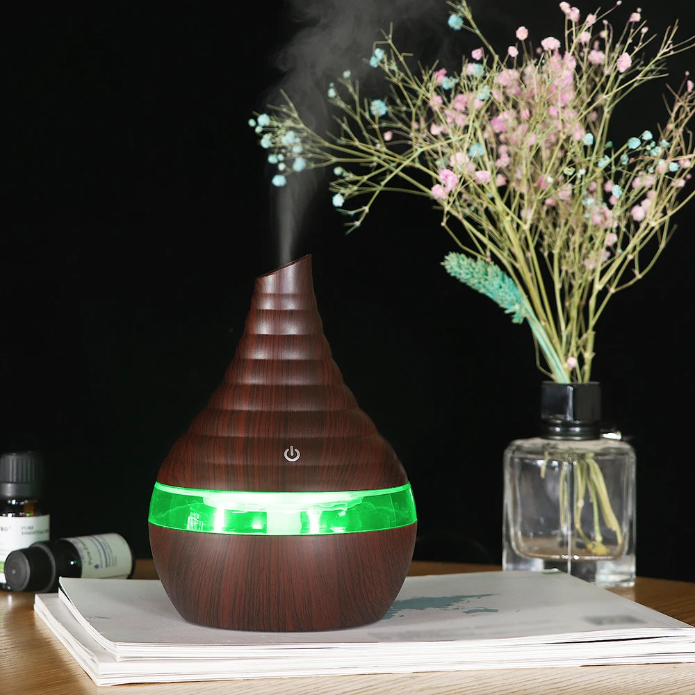 空気加湿器 USB ミニアロマディフューザーエッセンシャルオイルアロマセラピー 300 ミリリットル木目フィルター変色ライト家庭用車