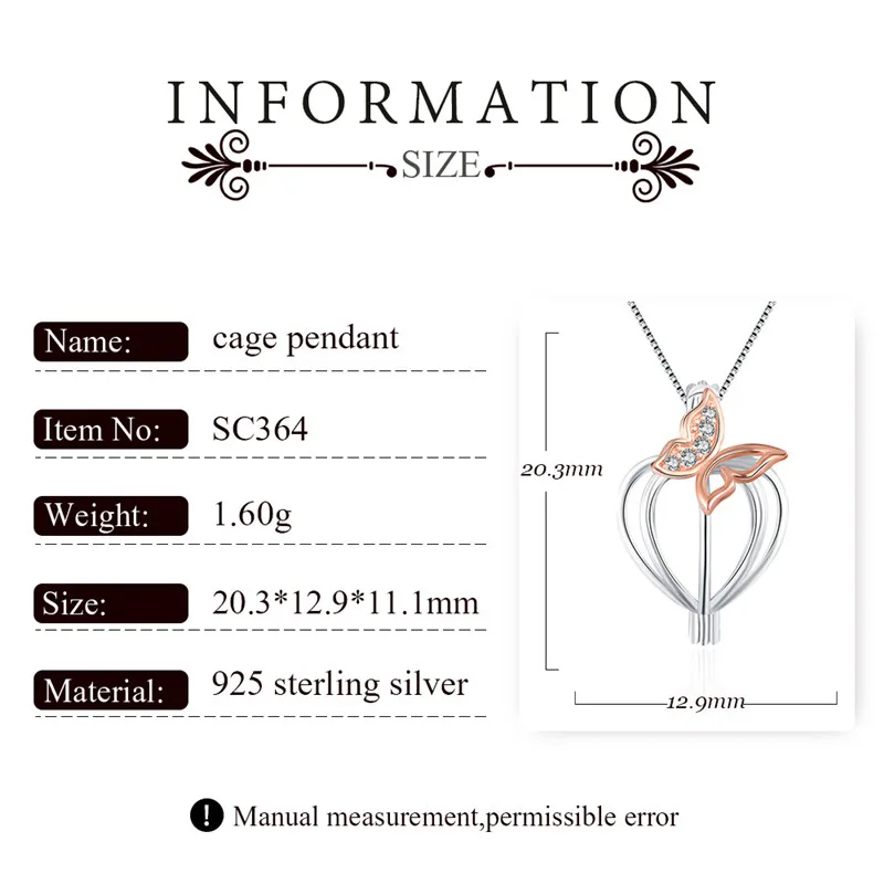 CLUCI Silver 925 Rose Gold Locket for Women Jewelry 925 Sterling Silver Heart Zircon Butterfly Pearl Cage Pendant SC364SB