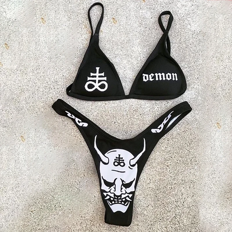 Women\'s Swimwear 2021 Cartoon Print Grim Reaper Gothpunk Women\'s Swimsuit Fashion Bikini Suit Beachwear Beach Party Ropa Mujer