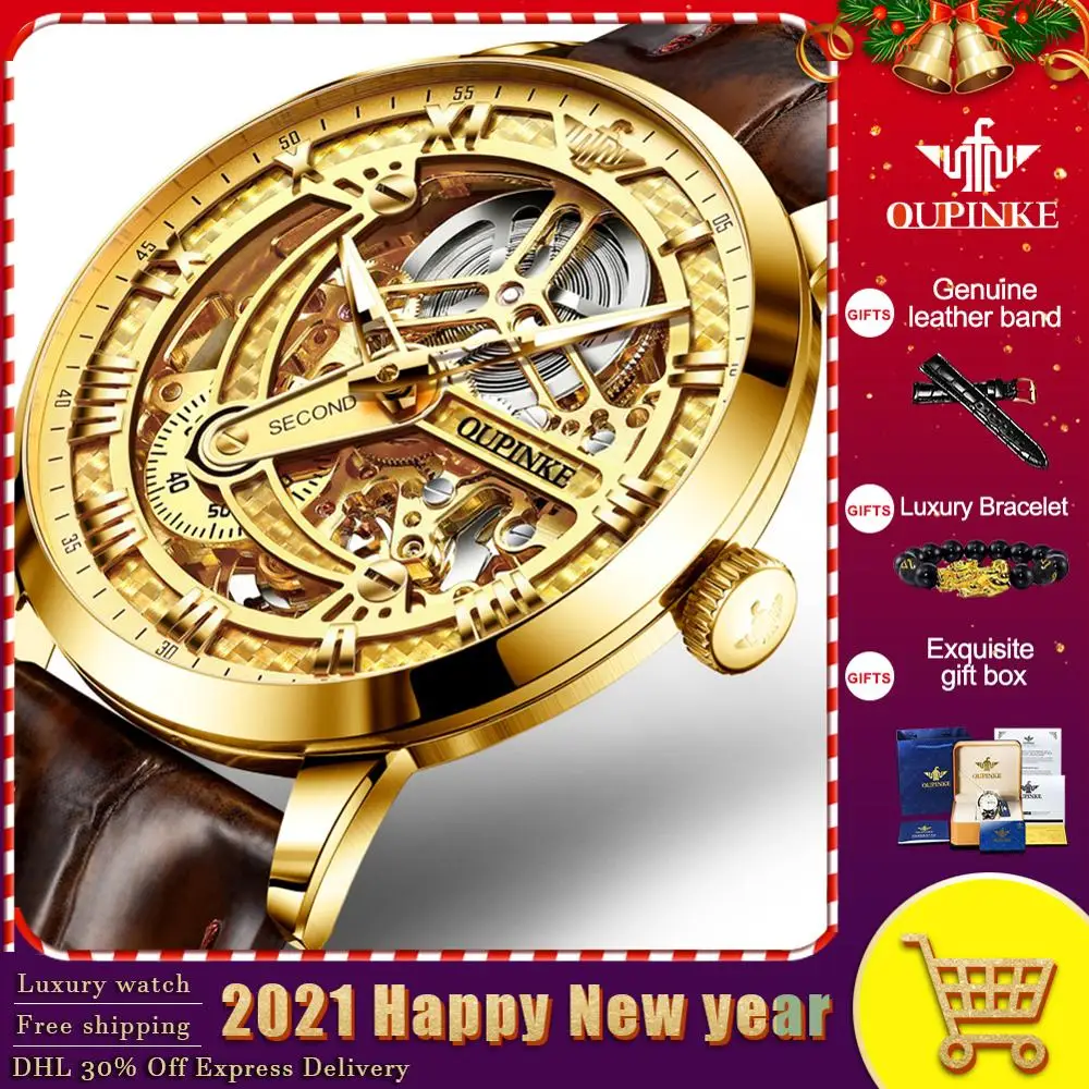 Top Brand OUPINKE Luxury Men's Mechanical Wristwatch Automatic Watch Men Classic Skeleton Leather Sapphire Waterproof