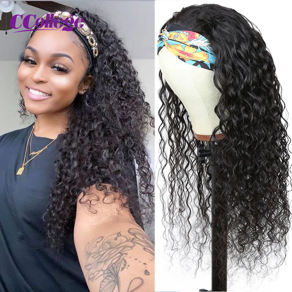 

CCollege Water Wave Headband Wigs Human Hair,8 to 30 Inches 100% Real Hair Cheap Wig Natural Black Color Hair