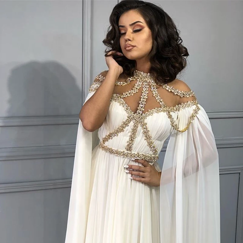 White and Gold Evening Dresses High Neck Beaded Customized Arabic Dubai Long Cape Chiffon Middle East Women Prom Dresses Party