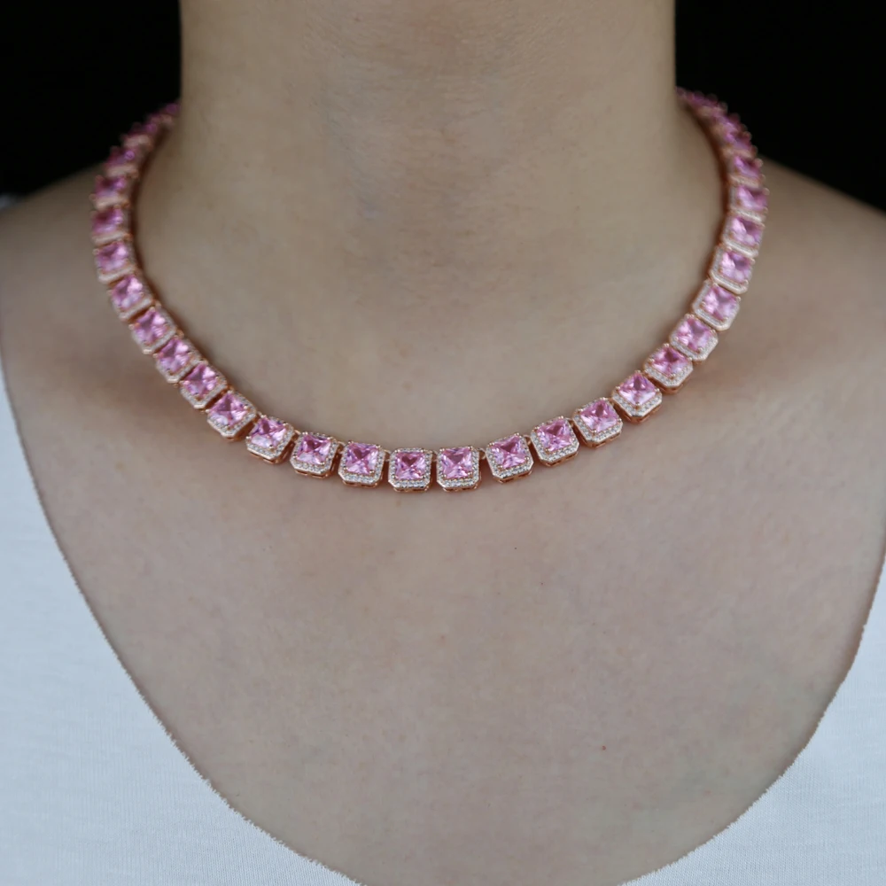 

pink cz cluster tennis neckace for women 15" 16" 18" iced out bling luxury pink women jewelry