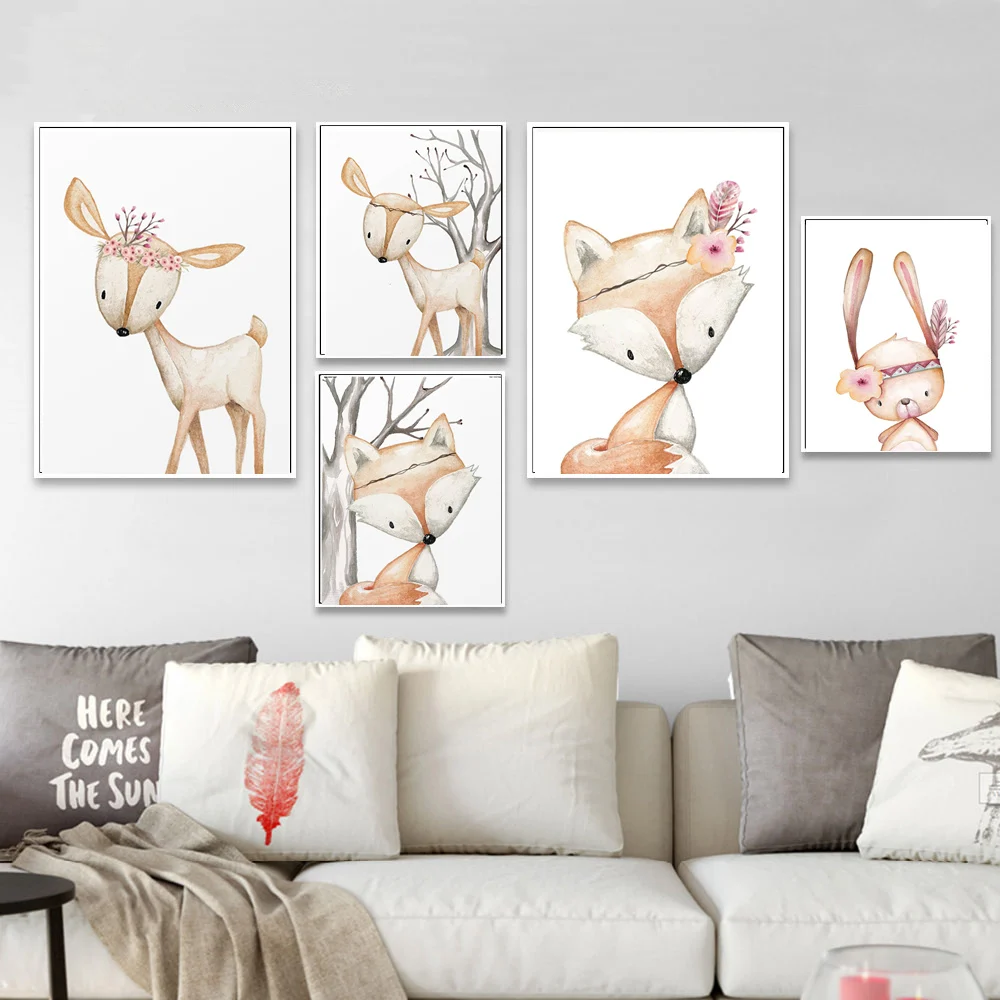 Cartoon Rabbit Poster Fox Deer Paintings Nursery Decor Wall Art Canvas Painting Lovely Animal Picture Kid Child Baby Room Decor
