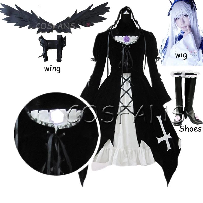 Fantasia de cosplay de anime rozen maiden suigintou mercury, conjunto completo de vestido de veludo com peruca, asas