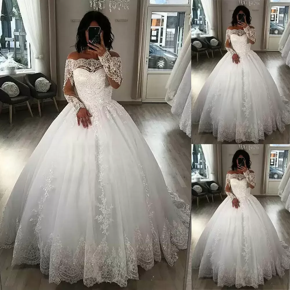 2022 langen Ärmeln Ballkleid Hochzeit Kleider Weg Von der Schulter boot Ausschnitt Spitze Applique Tüll Satin Boden Länge Nach