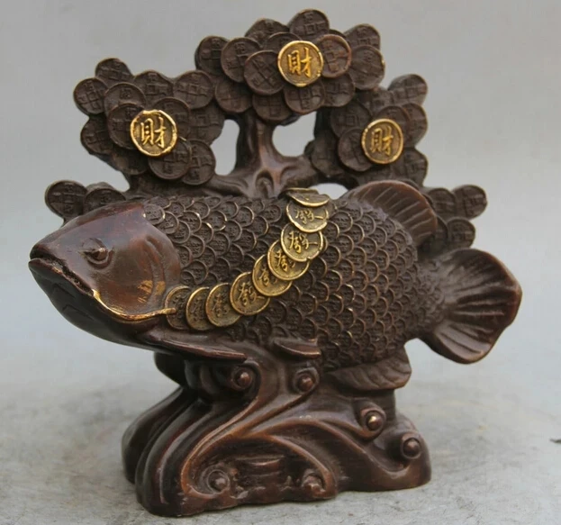 wholesale factory 9" Chinese Bronze Gild Folk Wealth Money tree Fish barracuda Statue sculpture 25% off