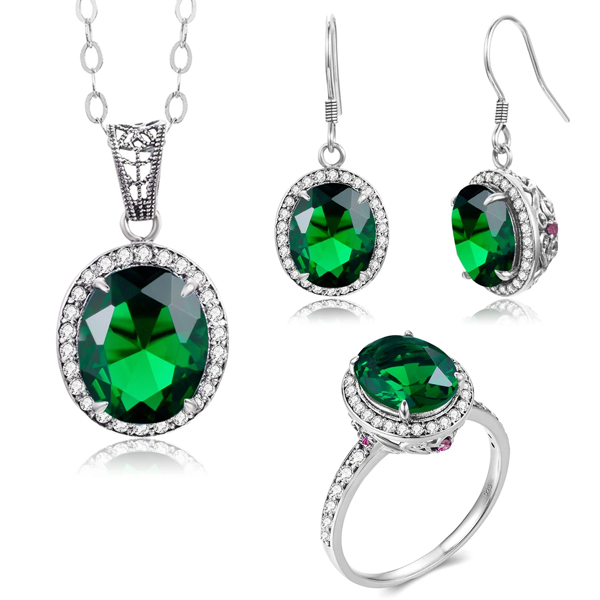 

Szjinao Silver 925 Real 100% Jewellery Set Round Emerald Stone Ring Earrings Pendant Anniversary Wedding Luxury Quality Gift