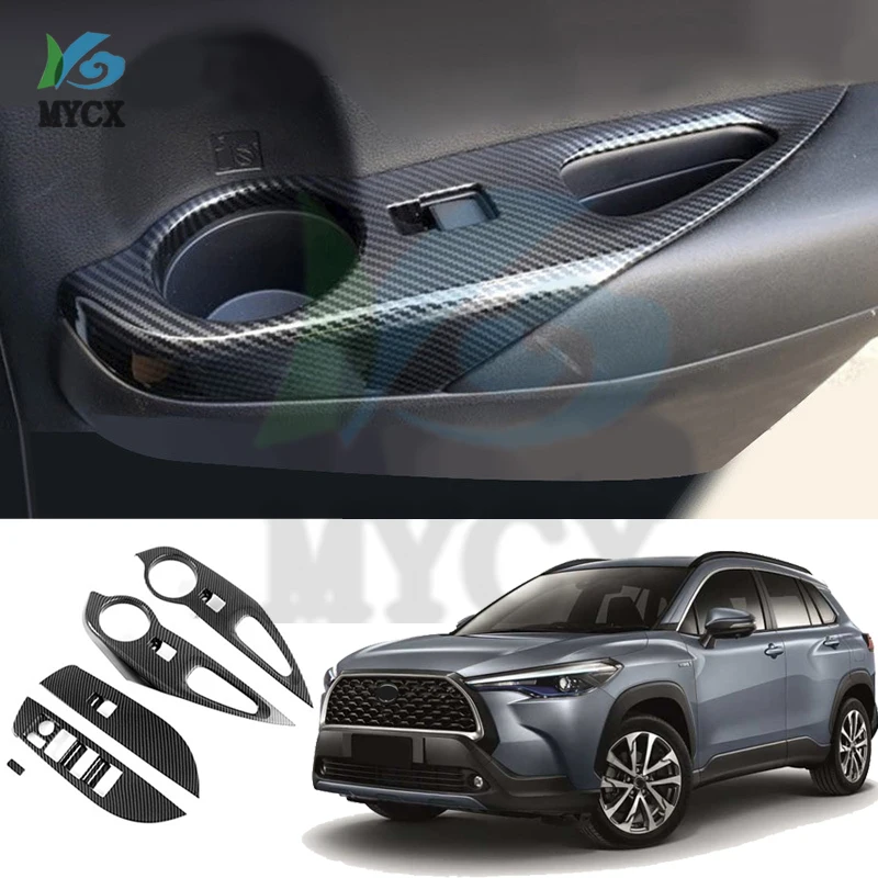 

Для Toyota Corolla Cross 2020 2021, углеродное волокно, дверной, оконный, подлокотник, крышка переключателя, панель, накладка, гарнир