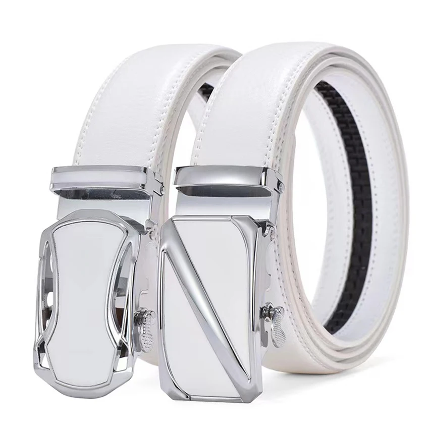 

New Fashionable White Men Belts Automatic Alloy Buckle Male Belt Cowskin Leather Golf Belt Plus Size 130cm