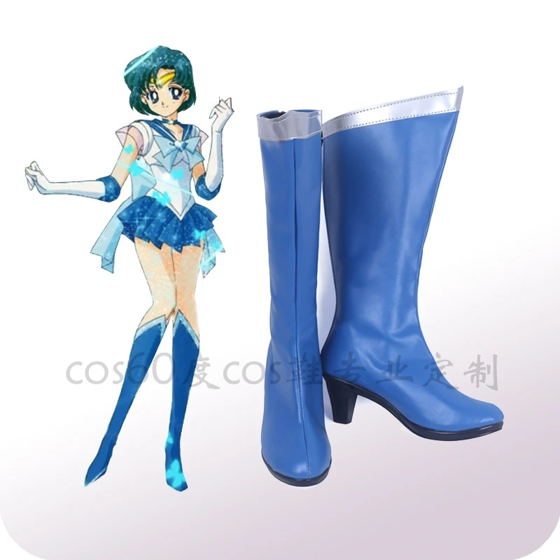 Anime Cosplay Shoes Knee Length PU Leather Sailor Mercury Cosplay Boots High Heels Zipper-up Girls Halloween Shoes