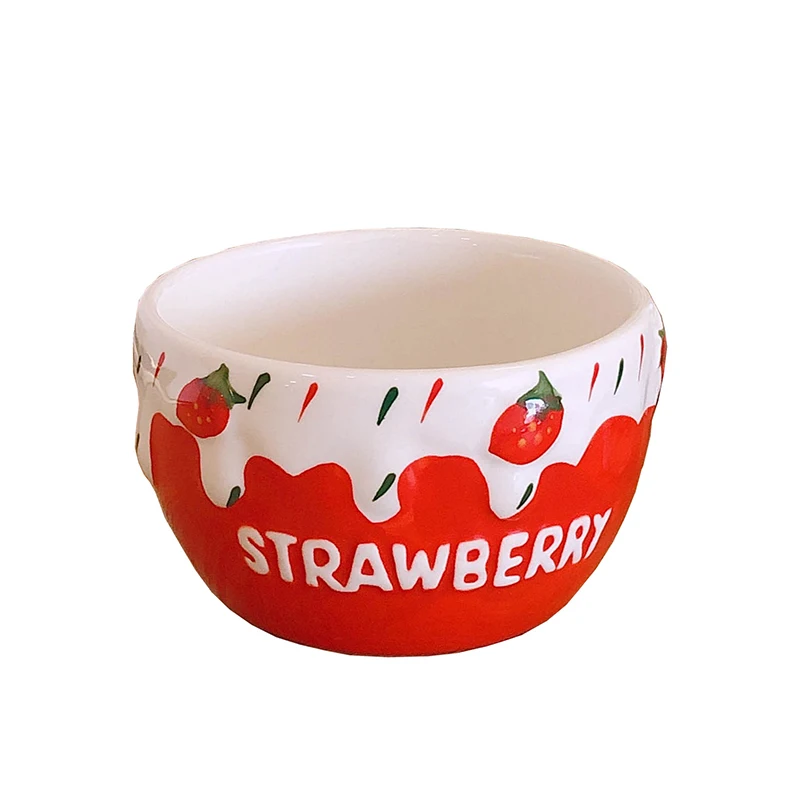 Ins Style Cute Sweet Strawberry Milk Bowls Creative Ceramic Large Fruit Salad Bowl Home Breakfast Cup Mug Bowls Gift for Girls