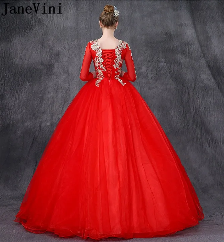 Janevini vestido rojo 2020 quinceanera vestidos de baile formal vestido de baile com mangas compridas apliques de renda pérolas doce 16 vestido